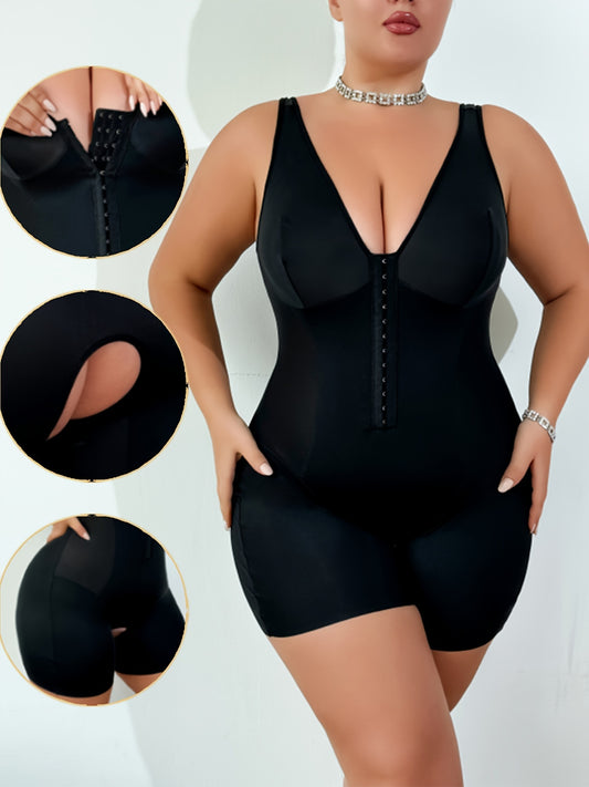 Plus size body shaper bodysuit with deep V neckline, sleeveless design, and secure hook closure for slimming support.