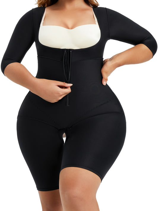  Plus size full body shapewear with front zipper, open bust, and short sleeves for tummy, arm, and thigh control.