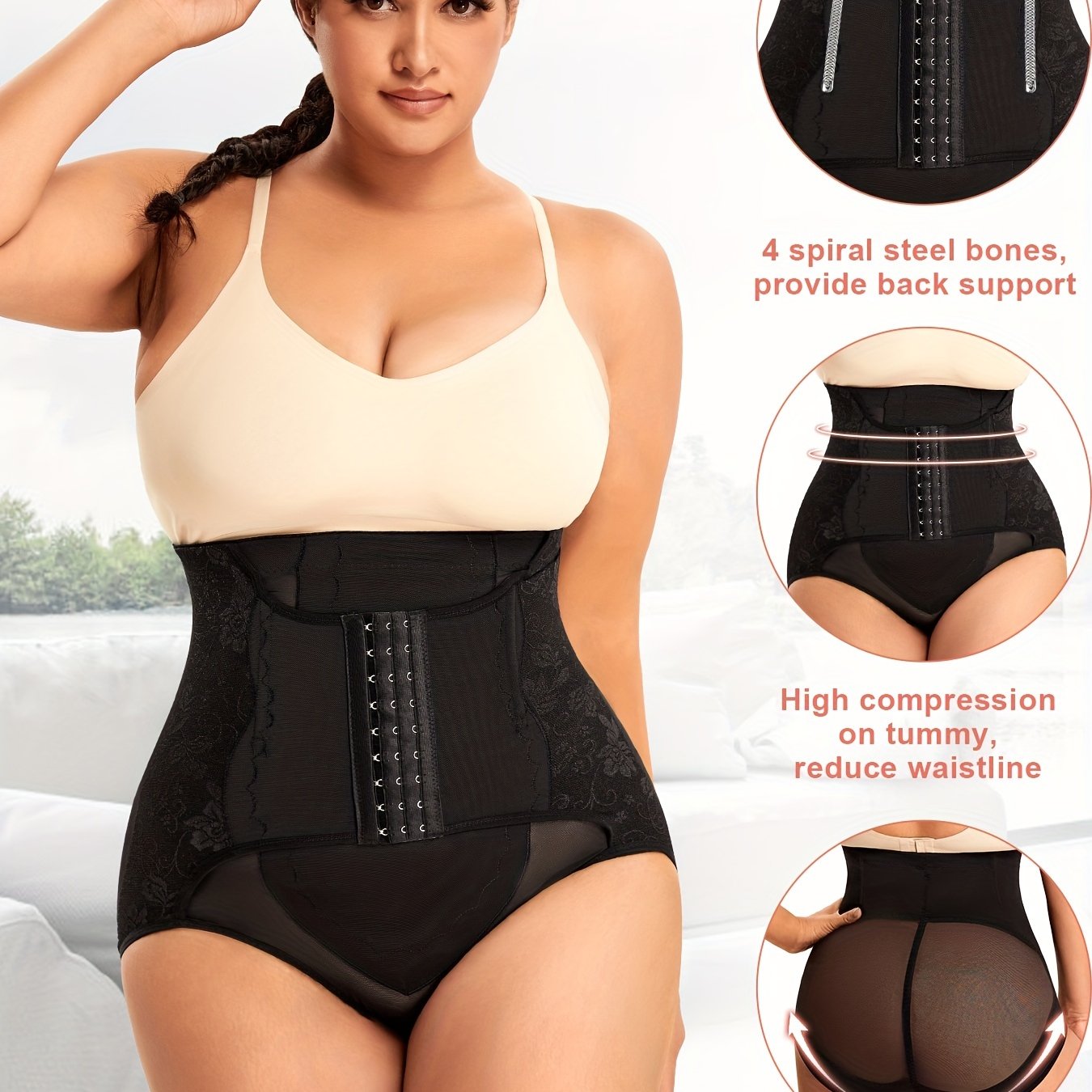 Plus size floral jacquard shapewear bodysuit with tummy control, hook front closure, breathable mesh, and sculpting rear lift – perfect for a sleek silhouette under any outfit.