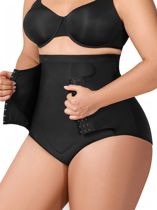 Plus size tummy shaper with 3-row hook closure offering customized compression and waist sculpting.