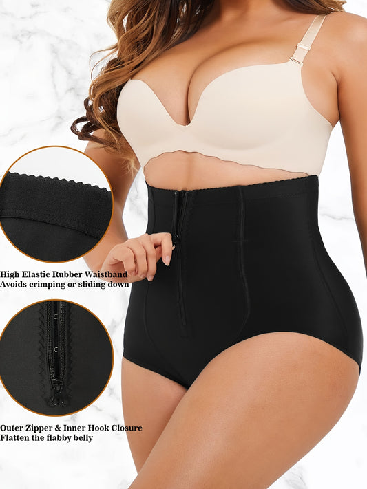 Plus size shaping panty with zip-up front and high-waist design to flatten belly and shape waist.