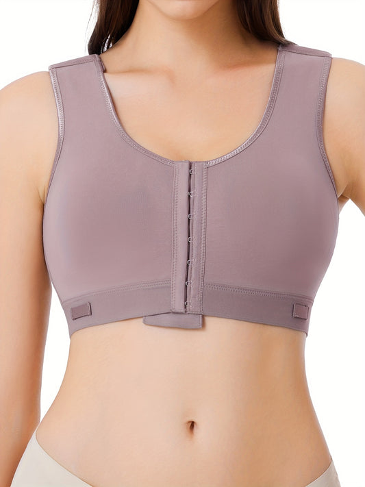 Post-surgery cotton bralette with front hook closure for easy wear and comfortable shaping.

