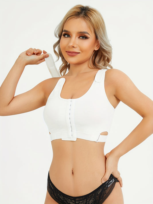 Post-surgical wireless bra with compression support and front buckle closure for healing comfort.