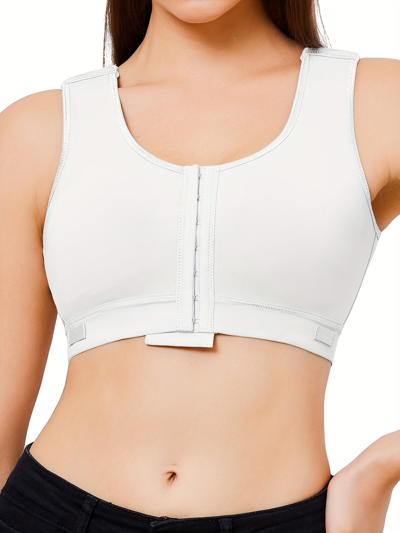 Cotton comfort bra with wireless structure and adjustable front for easy dressing post-op.

