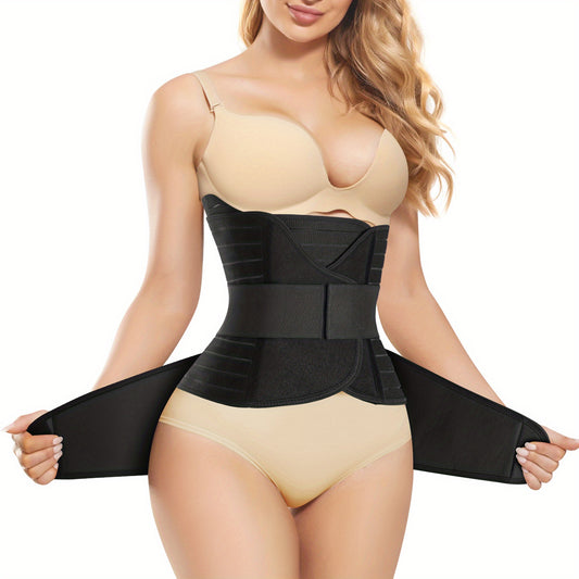 Postpartum recovery belt in black providing firm waist support and adjustable compression.