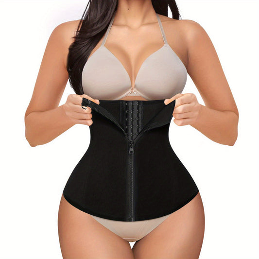 Black postpartum waist trainer with front zipper and hook design for secure adjustable compression.