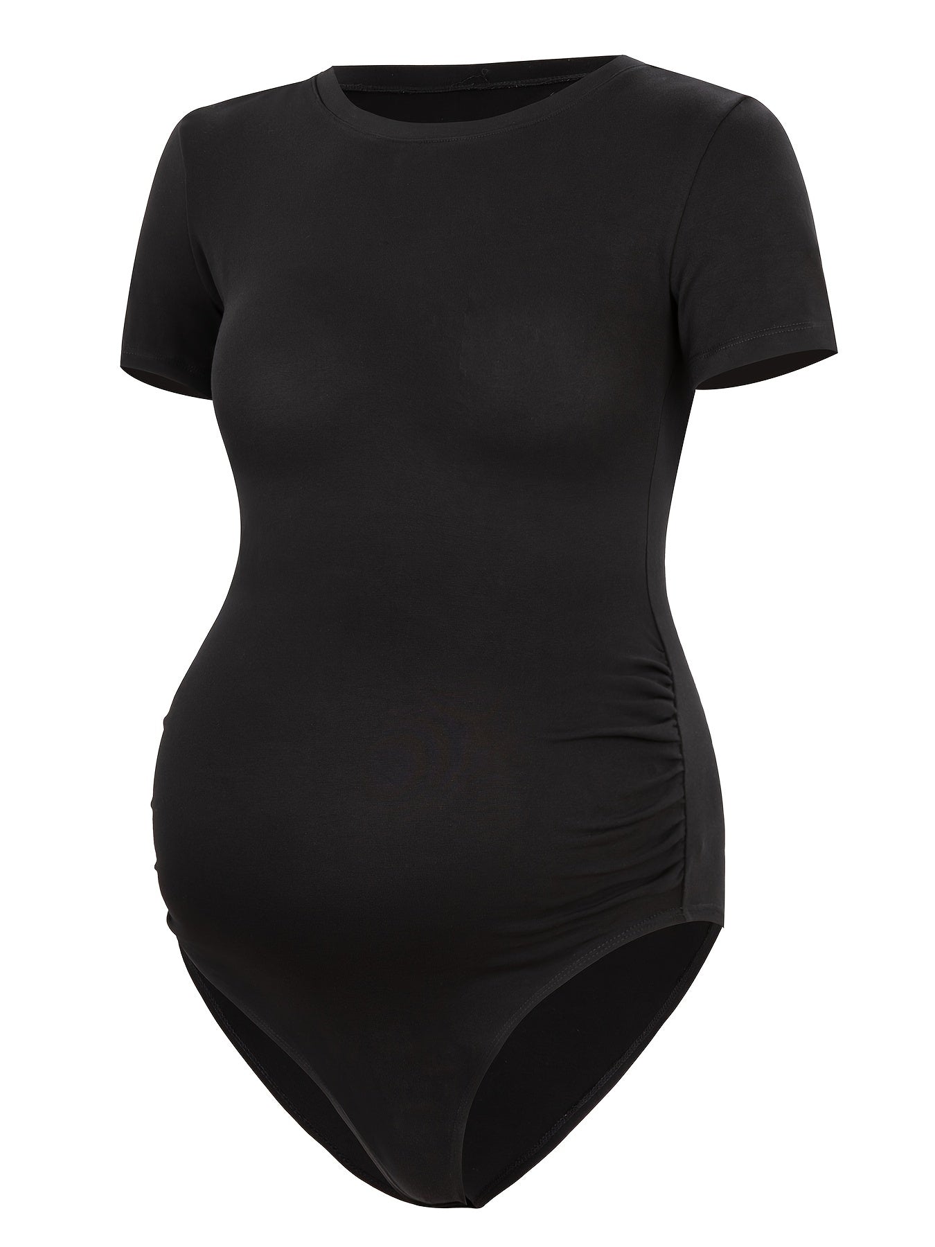 Black maternity romper designed for pregnant women with side folds for stretch room.