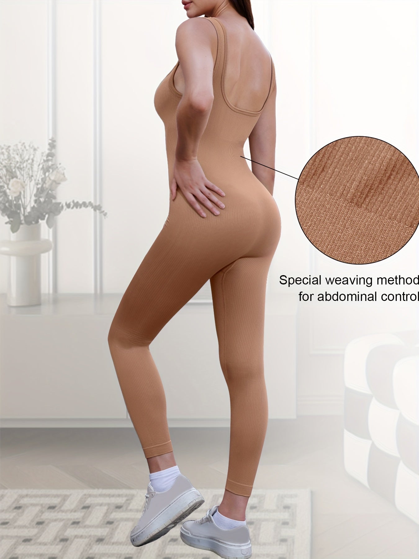 Rib knit body-shaping one-piece suit with flattering fit and breathable stretch material.

