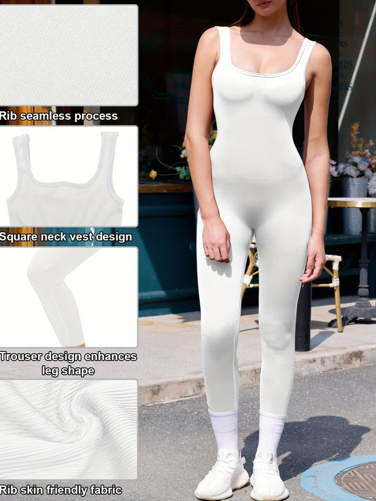 Ribbed tank jumpsuit in white with square neckline and full-length leg design for sculpting effect.

