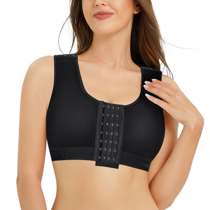 Seamless bra vest in black with wide straps and front hook closure for firm support.

