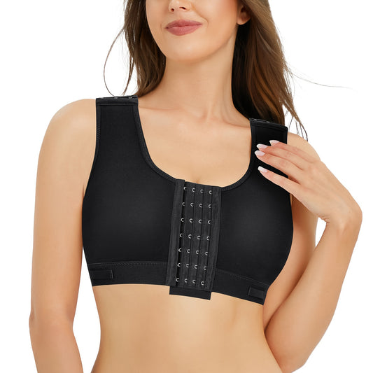 Seamless bra vest in black with wide straps and front hook closure for firm support.

