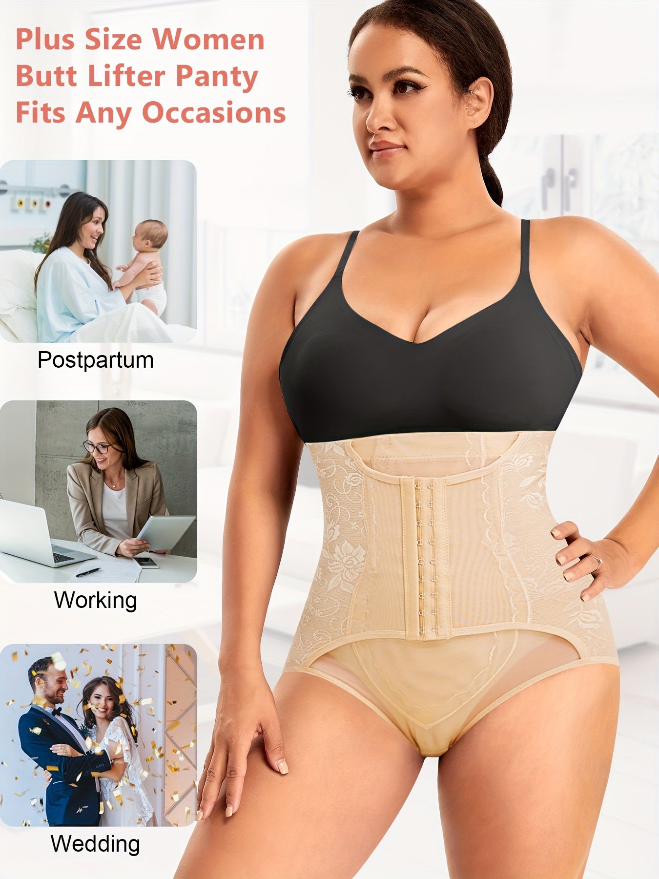 Seamless floral jacquard compression shapewear designed for plus size women seeking firm support and all-day comfort.