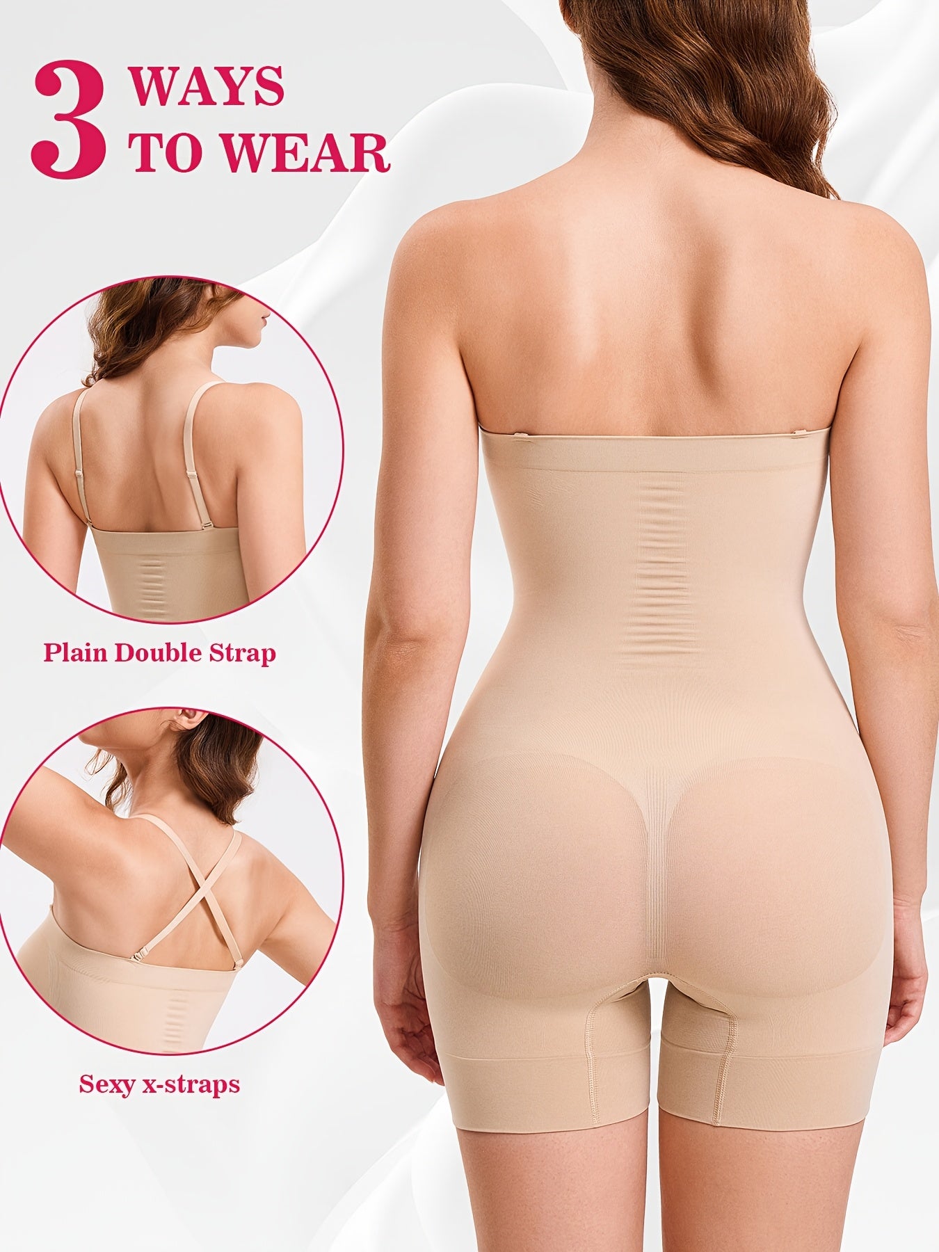 Full body seamless strapless shaper in nude tone for invisible support under tight outfits.

