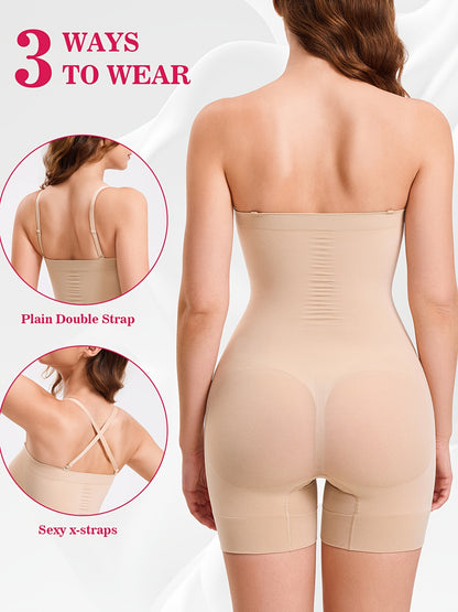 Full body seamless strapless shaper in nude tone for invisible support under tight outfits.


