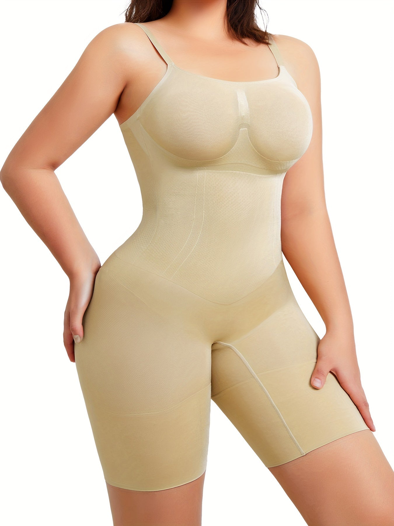 Back view of nude bodysuit with sculpting seams that lift the butt and shape curves smoothly.

