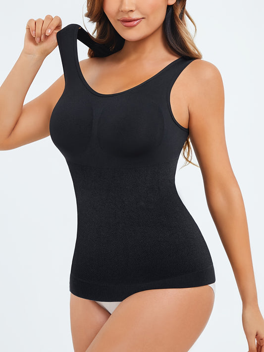 Seamless shaping vest for women in classic black with tummy control and smooth compression fit.