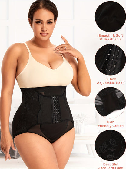 Elegant floral shapewear with high waist design for plus size women offering strong tummy flattening and waist shaping.