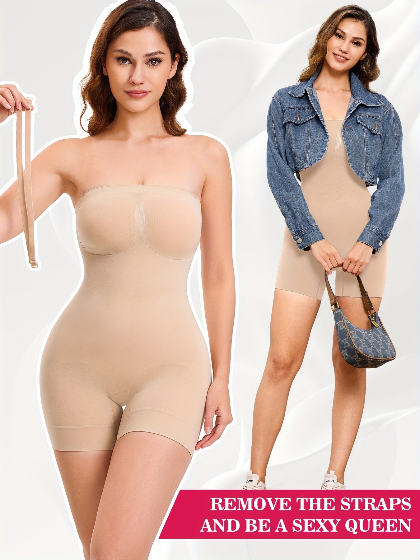 Strapless shaping bodysuit with open crotch feature for convenience and all-day wear.

