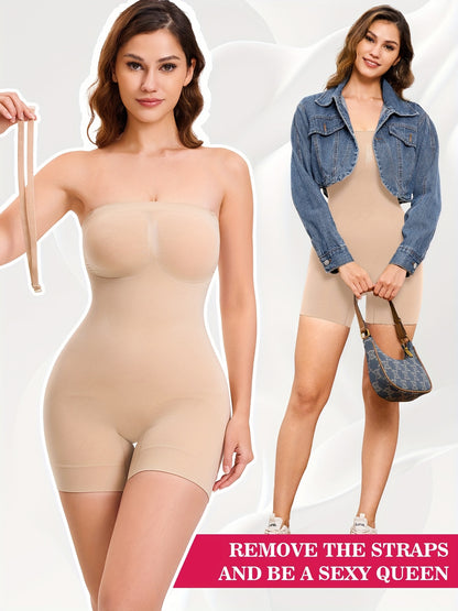 Strapless shaping bodysuit with open crotch feature for convenience and all-day wear.

