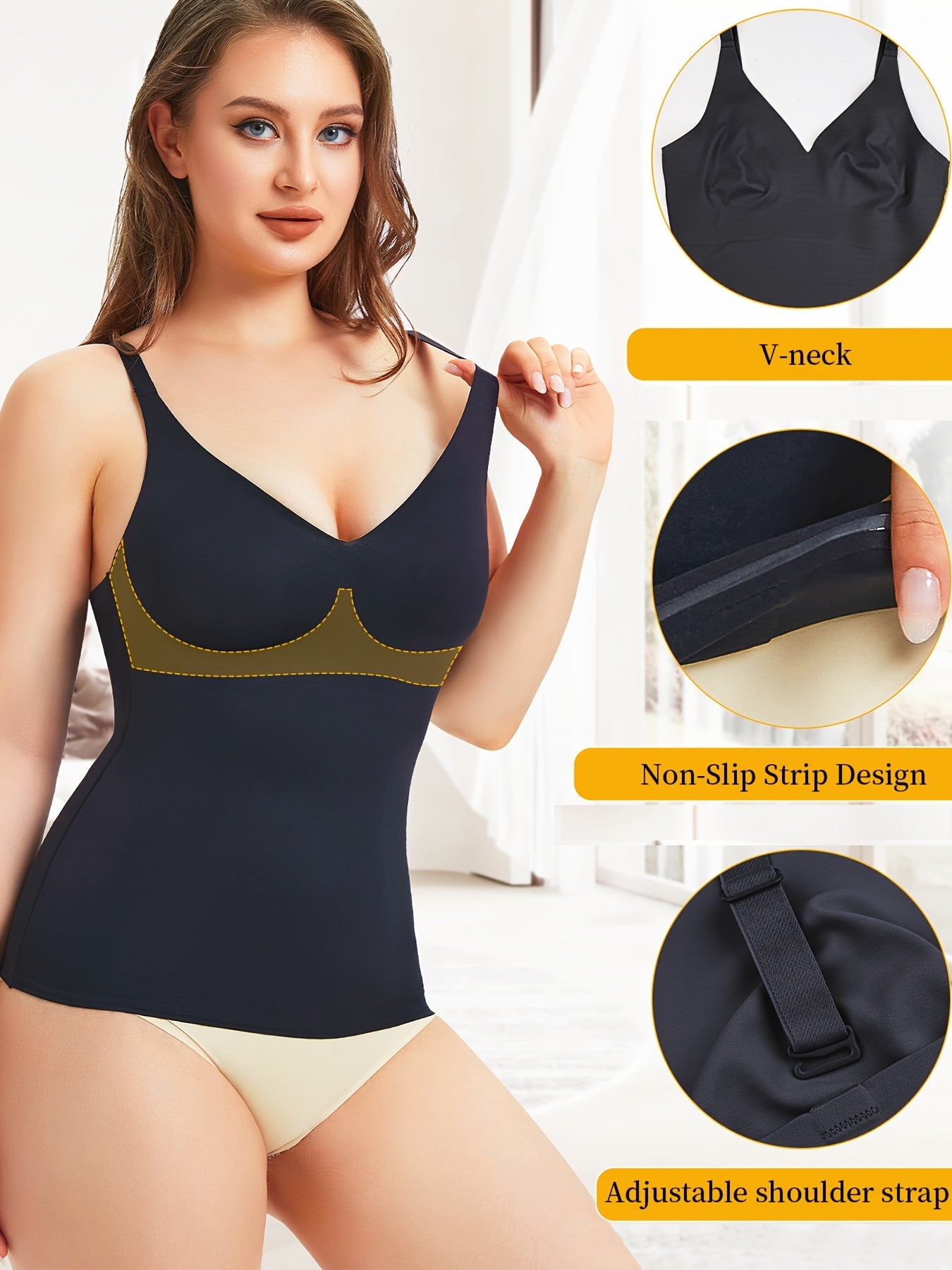 No-roll hem V-neck shaping tank with discreet control and buttery soft feel.

