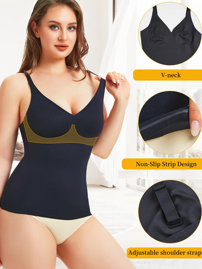 No-roll hem V-neck shaping tank with discreet control and buttery soft feel.

