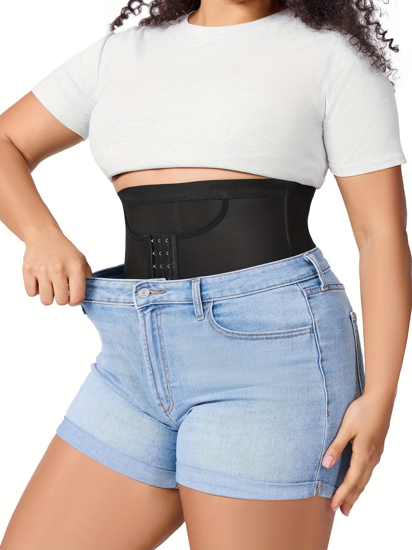 Shaping panty with reinforced waist belt for enhanced midsection compression and support.