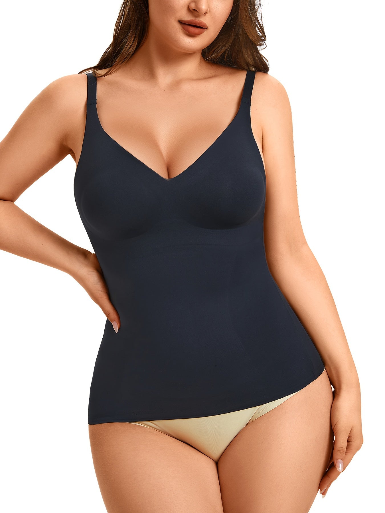 Lightweight shaping camisole with V-cut neckline and seamless sides to reduce bulk.


