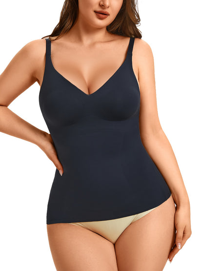 Lightweight shaping camisole with V-cut neckline and seamless sides to reduce bulk.

