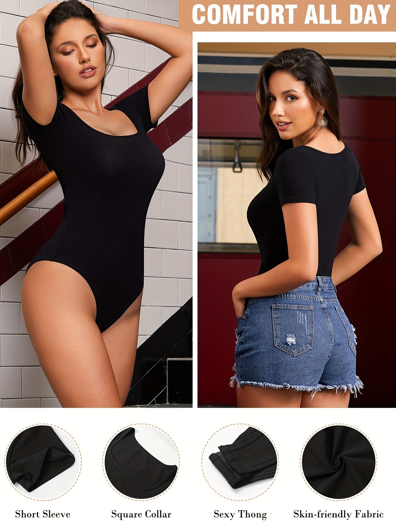 Sleek black slim-fit bodysuit with short sleeves and clean lines for a modern minimal look.

