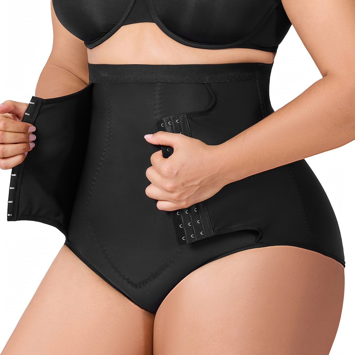 Slimming compression panty with wide anti-slip waistband for secure and effective fit.