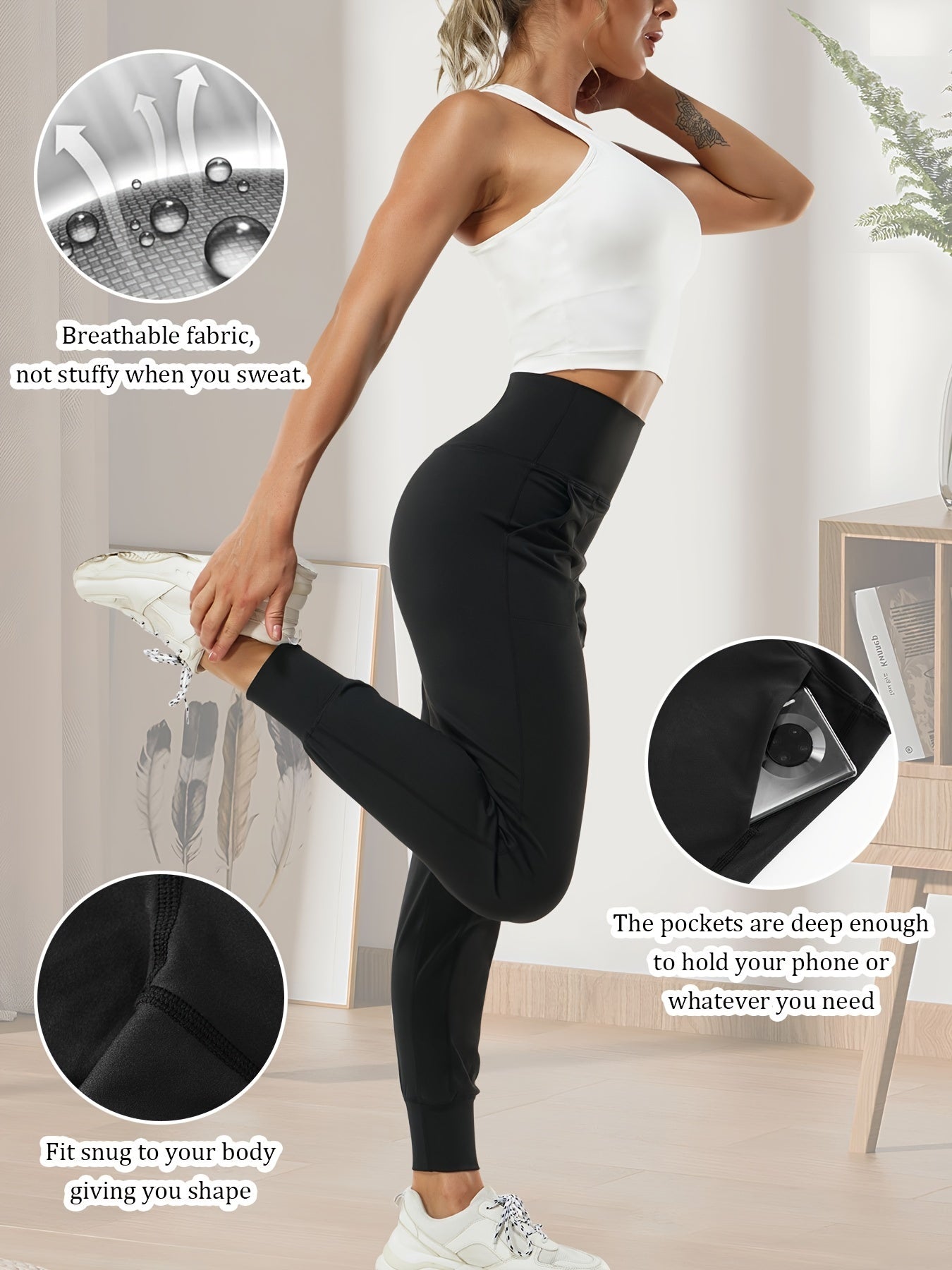  Slimming jogger-style pants that contour the waist and flatter the hips and legs.