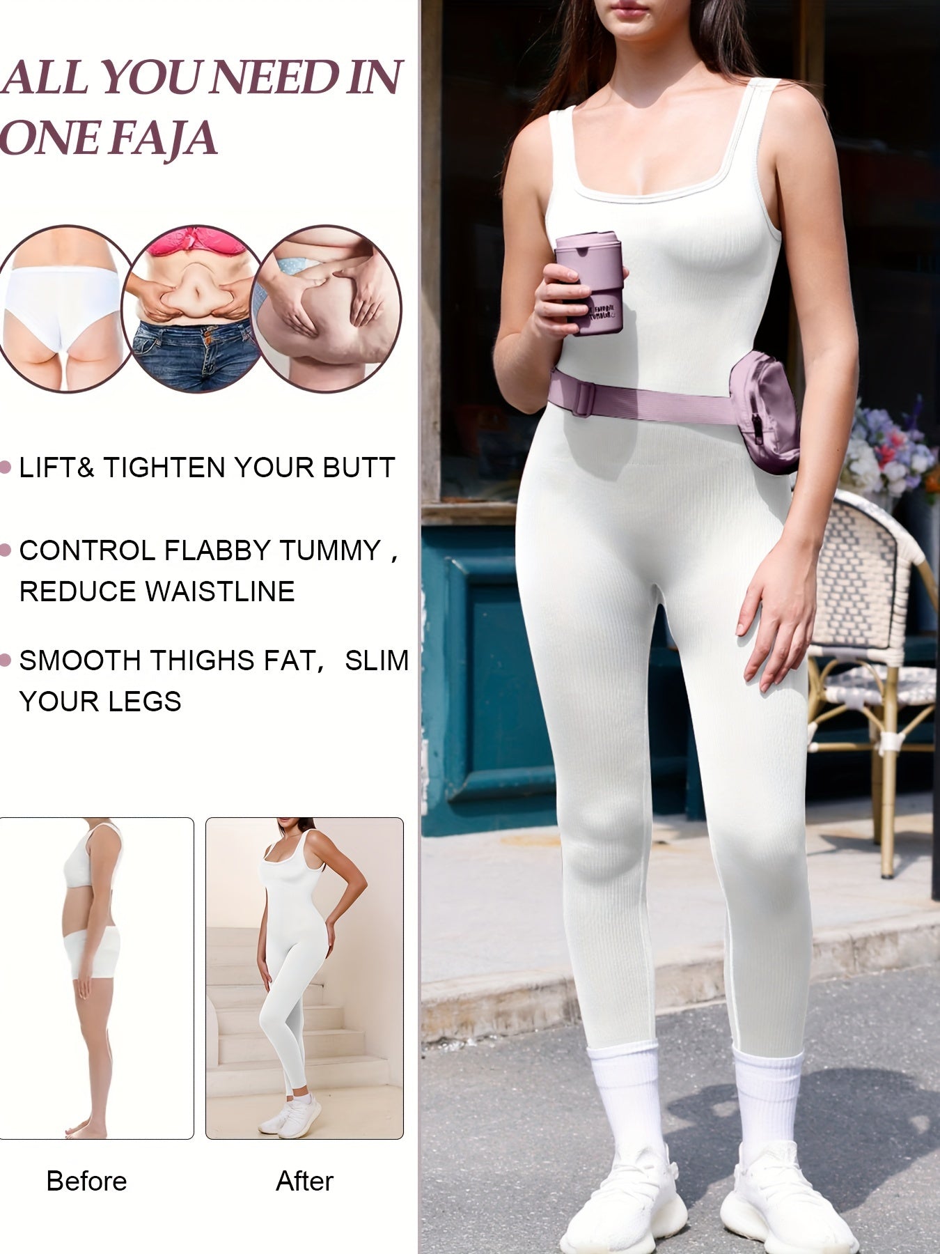 Slimming fit jumpsuit for women featuring a square neck design and contouring rib texture.

