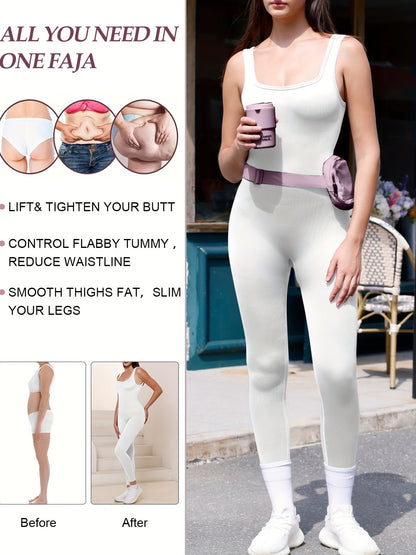 Slimming fit jumpsuit for women featuring a square neck design and contouring rib texture.

