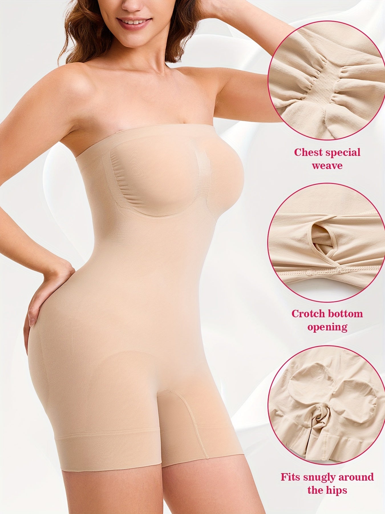 Nude strapless seamless shaping bodysuit with bust weave, tummy cinch and smooth thigh control.

