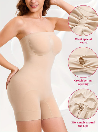 Nude strapless seamless shaping bodysuit with bust weave, tummy cinch and smooth thigh control.

