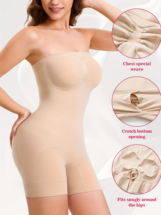 Nude strapless seamless shaping bodysuit with bust weave, tummy cinch and smooth thigh control.

