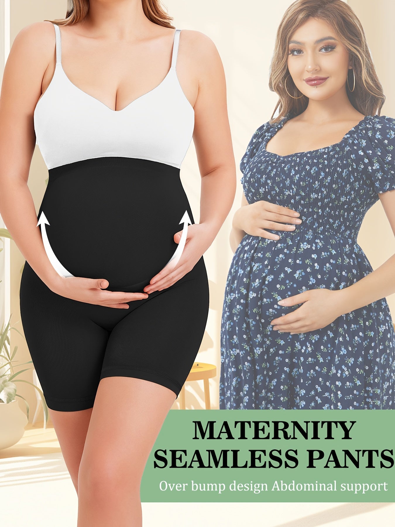 Neutral tone maternity shapewear with stretchy fabric for bump support and thigh smoothing.