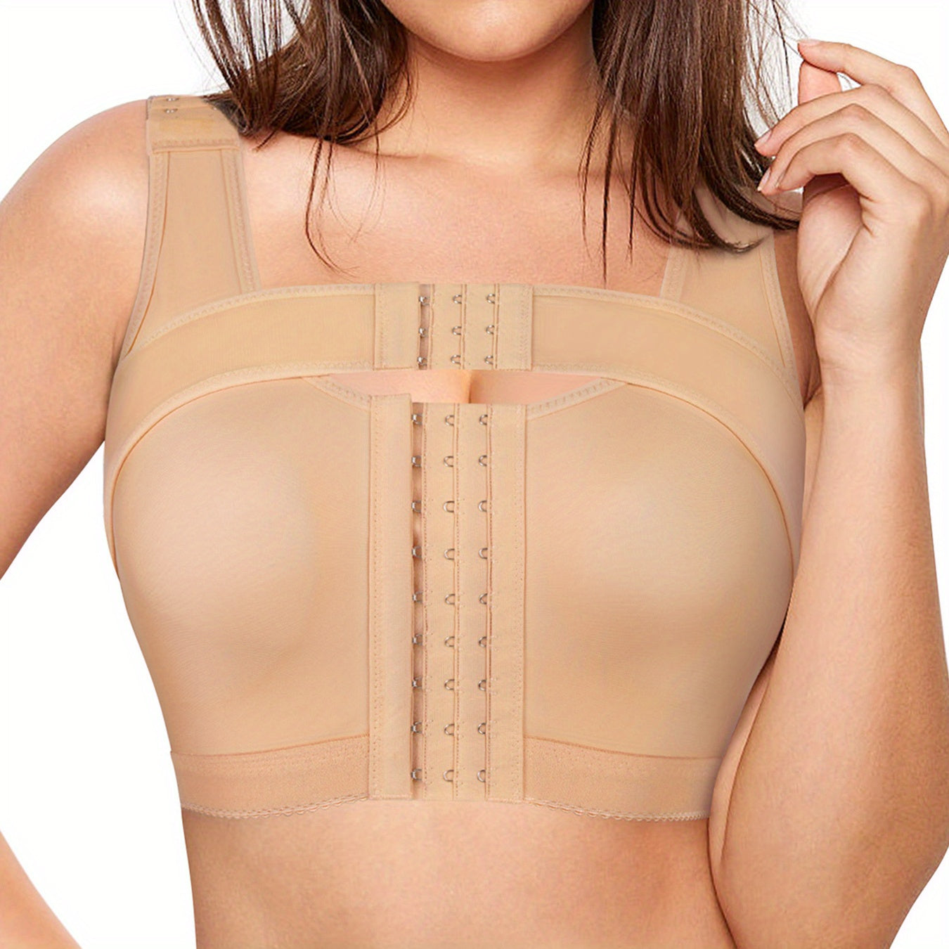 Supportive post-augmentation bra for gentle lift and stability during recovery period.