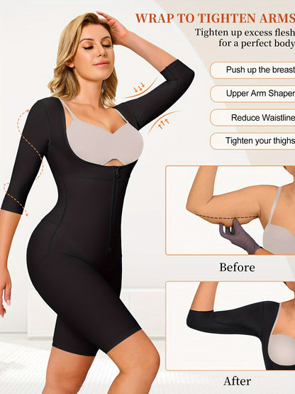 Total body control shapewear with arm coverage and mid-thigh slimming structure.

