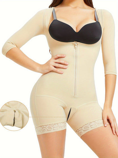 Body shaper with tummy control and mid-thigh design to prevent rolling and bulging.