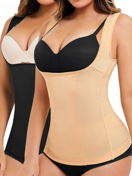 U-shaped shaping vest set in nude and black for firm compression and support.