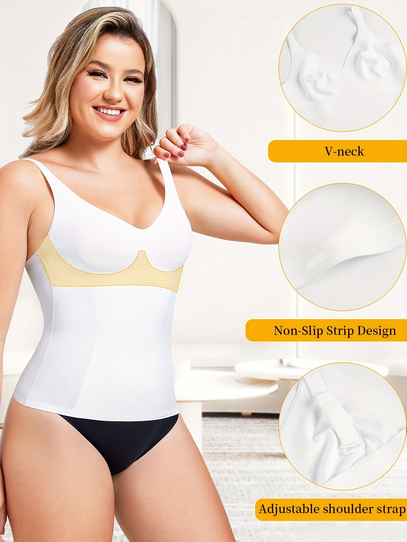 Slimming camisole top with soft stretch fabric and supportive V-neckline for daily comfort.

