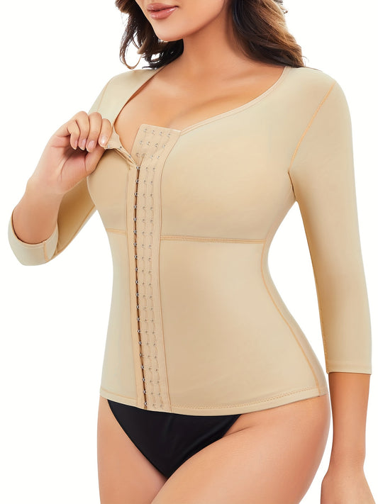Postoperative compression shapewear with long sleeves and waist cinching design for recovery and shaping.