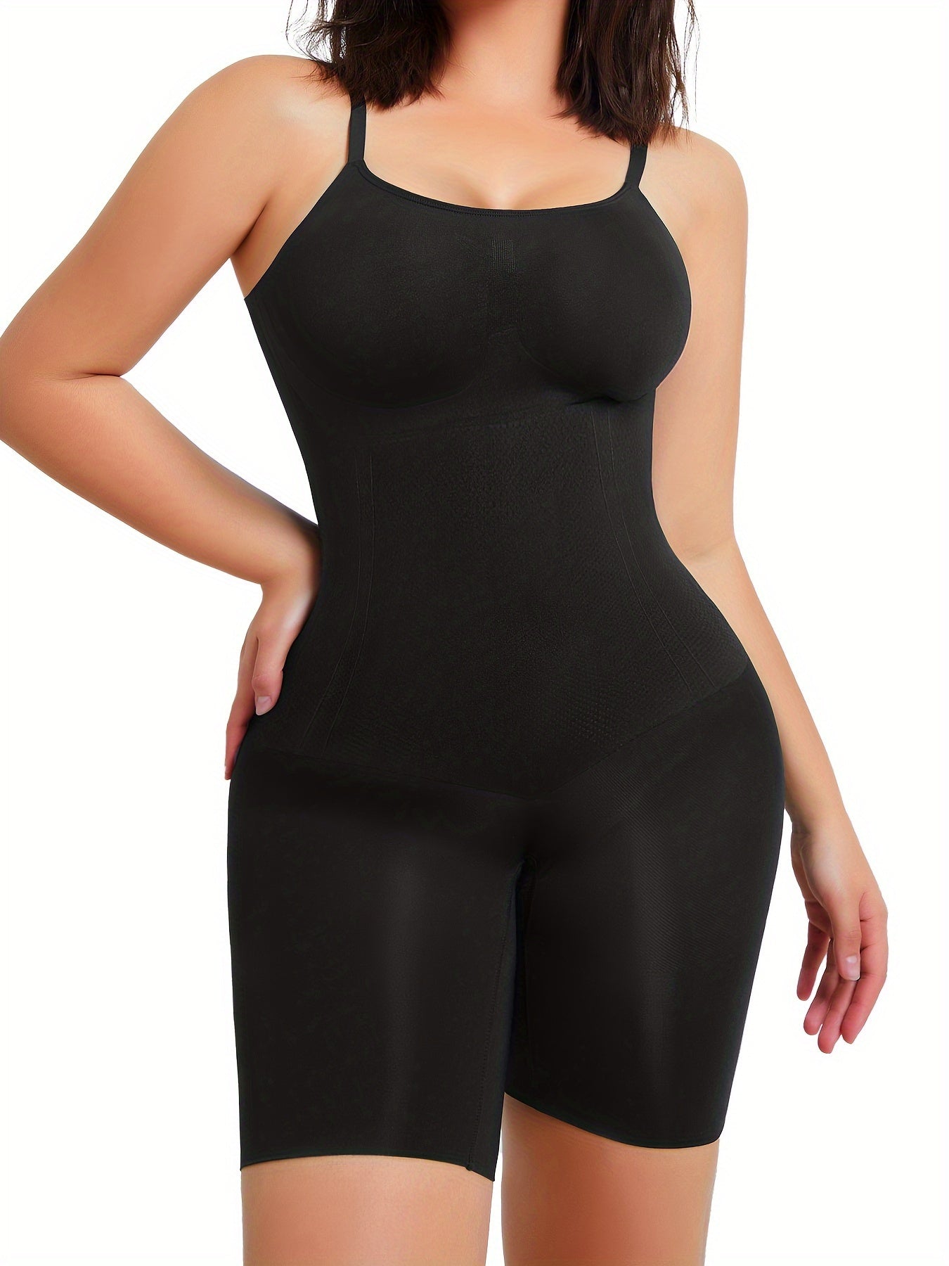 Body shaper with tummy control and thigh sculpting zones, designed for a smooth silhouette.

