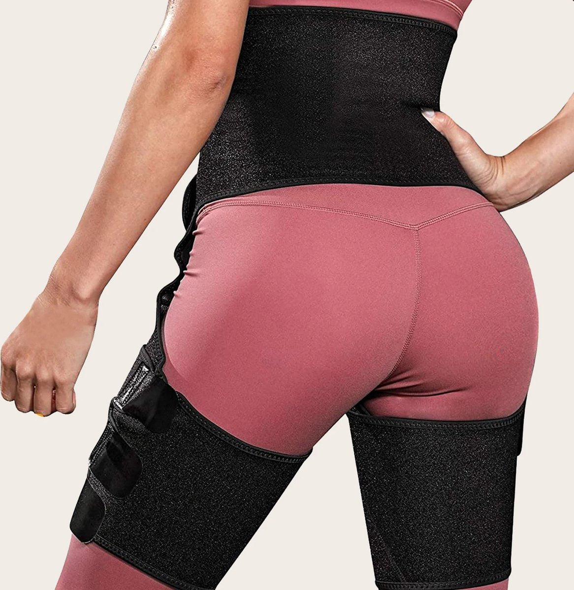 Sauna-effect wrap targeting waist, thighs, and glutes with adjustable straps for personalized fit.