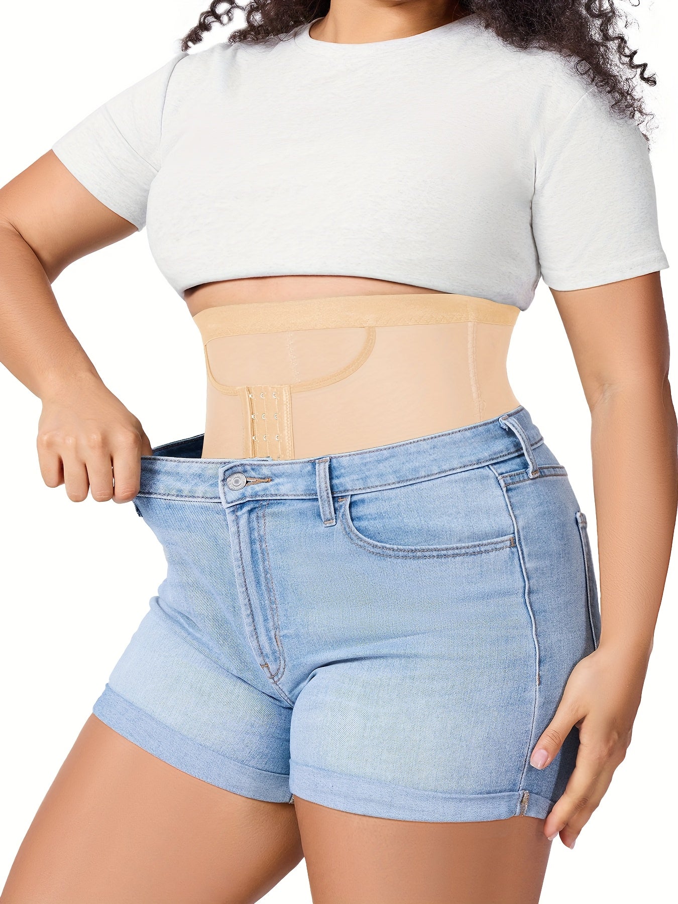 Waist trainer panty featuring triple hook closure and dual-layer control panel.
