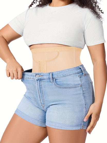 Waist trainer panty featuring triple hook closure and dual-layer control panel.
