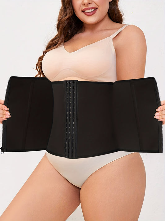 Plus size waist trainer with front zipper and 3-row hooks for adjustable tummy compression and secure fit.