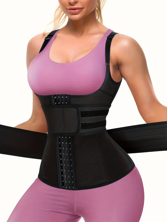 Waist trainer tank top with adjustable double belt and hook front closure for active waist shaping and back support.