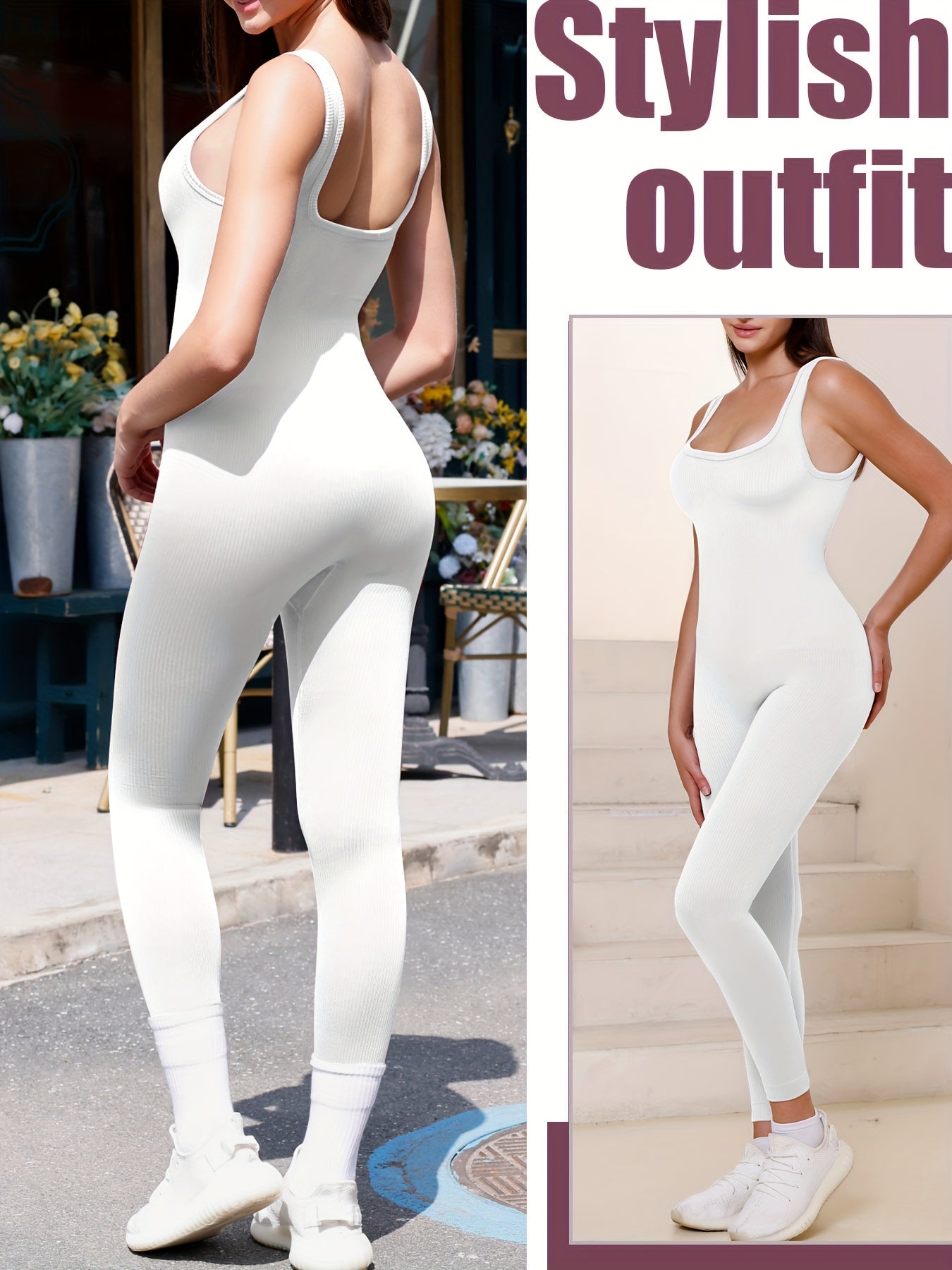 White full-body shaper jumpsuit designed to smooth waist, enhance legs, and lift curves.

